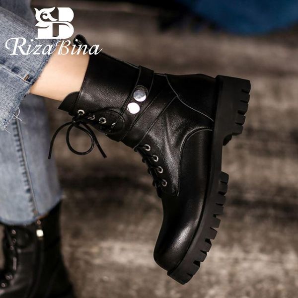 

boots rizabina real leather women ankle round toe flats cross strap zipper shoes fashion party winter footwear size 34-39, Black