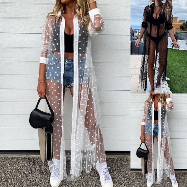 

women's swimwear woman's polka dot swimsuit cover up beach bikini lapel long sleeve mesh perspective tunic dress robe female beach, White;black