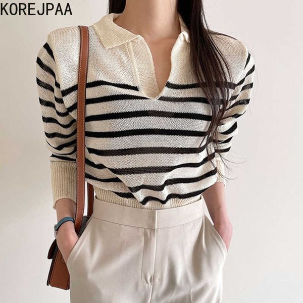 

korejpaa women t-shirt summer simple lapel contrast color stripes loose casual all-match thin sunscreen puff sleeve sweater 210526, White
