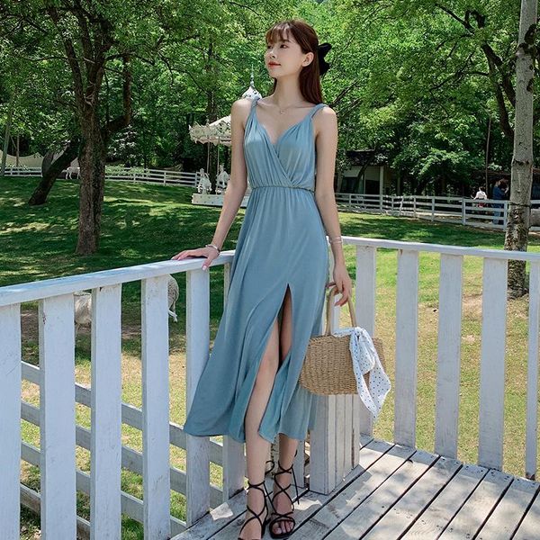 

women long modal slip dress summer 2021 runway elegant korean backless sleeveless casual party night honeymoon vacation dresses, Black;gray