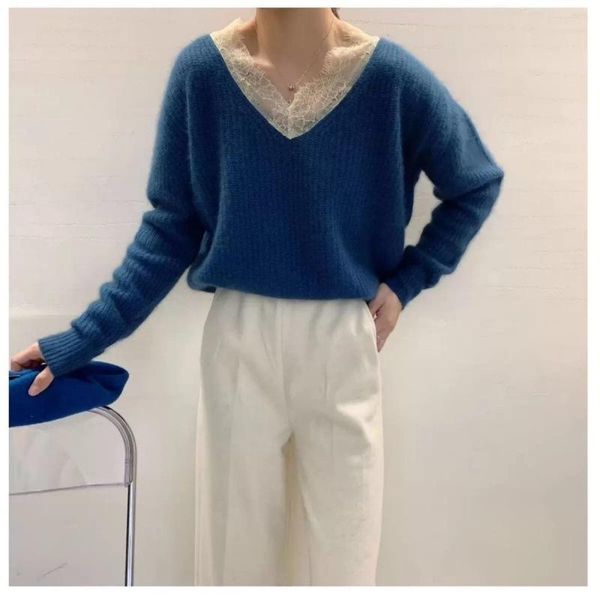 

women's sweaters western style stitching lace edge sweater women 2021 spring and autumn korean version of the v-neck inner outer knit t, White;black