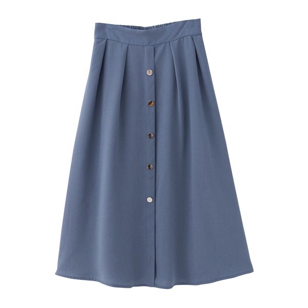 

blue solid button a line chiffon midi skirt empire summer casual s0067 210514, Black