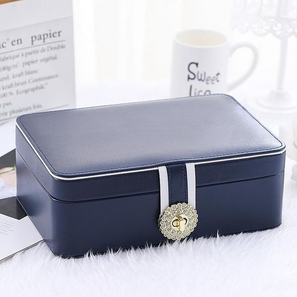 

jewelry pouches, bags fashion large two-layer storage box with multiple stud holes smooth leather display stand lock, Pink;blue