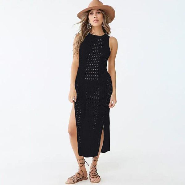

women's swimwear split beach maxi dress kniited hollow out kaftan lady sleeveless tunics for halter bathing suit, White;black