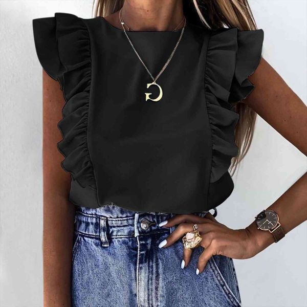 

fashion ruffle women shirts short sleeve summer o neck solid casual office blusa streetwear, White