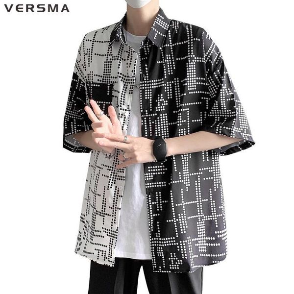

men's casual shirts versma japanese harajuku ulzzang plaid patchwork retro men summer hip hop streetwear loose couple shirt drop, White;black