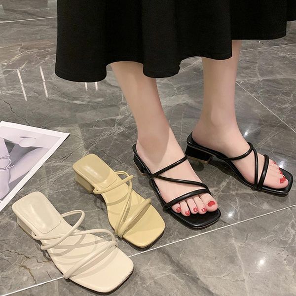 

sandals 2021 summer women cross tied slip on block heels slides fashion casual leather open toe female outdoor slippers, Black