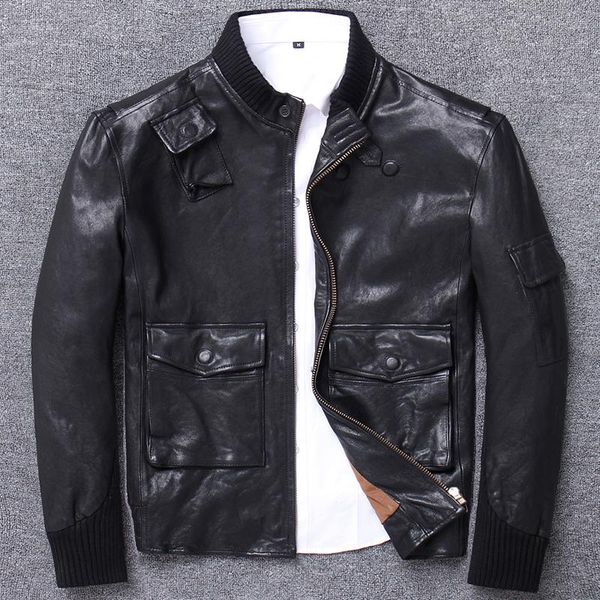 

men's leather & faux haining back season genuine clothing male sheep skin locomotive self-cultivation man jacket stand lead goatskin, Black