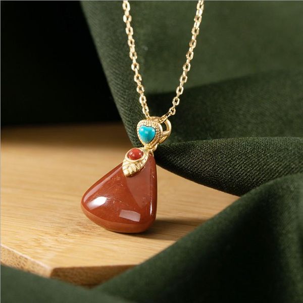 

chains silver inlaid natural enamel porcelain geometric pendant necklace chinese style retro elegant creative women's brand jewelry