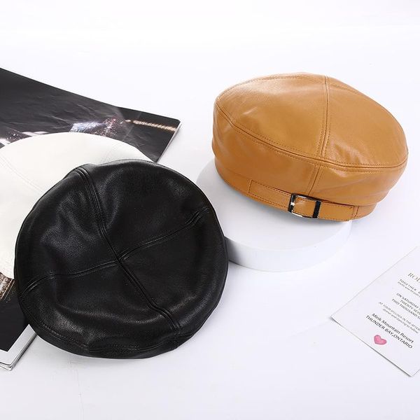 

berets japanese pu leather hat female spring net red beret korean casual wild fashion black octagonal tide, Blue;gray