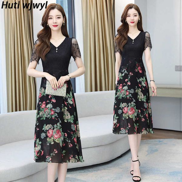 

floral chiffon casual beach midi dress elegant women bodycon party vestidos summer vintage oversize black sundress 210528, Black;gray