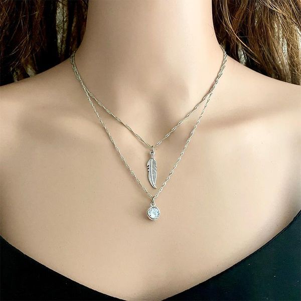 

pendant necklaces 2 layers metal feather cross cactus long chain choker collar necklace for women original design vintage jewelry, Silver