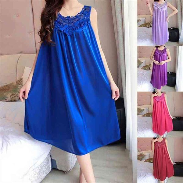 

women smooth sleepwear female lace patchwork soft casual sleeveless dress nightgown solid sleep dresses nightwear, Black;red