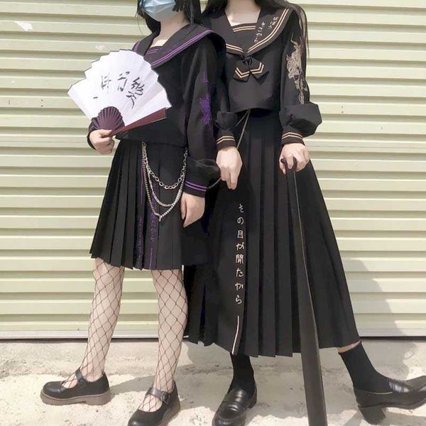 

two-piece uniform muzijiang original jk two-color long-sleeved bad long skirt kansai lapel sailor suit big embroider 210526, White