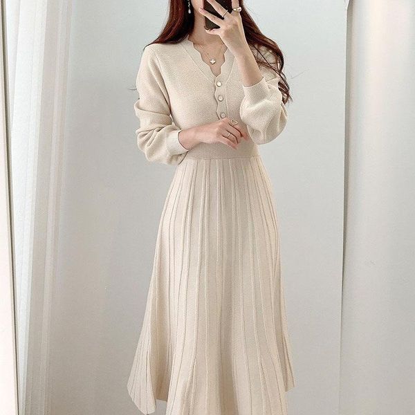 

casual dresses 2021 autumn french vintage elegant knitted midi dress korean long sleeve woman sweater one-piece pleated, Black;gray