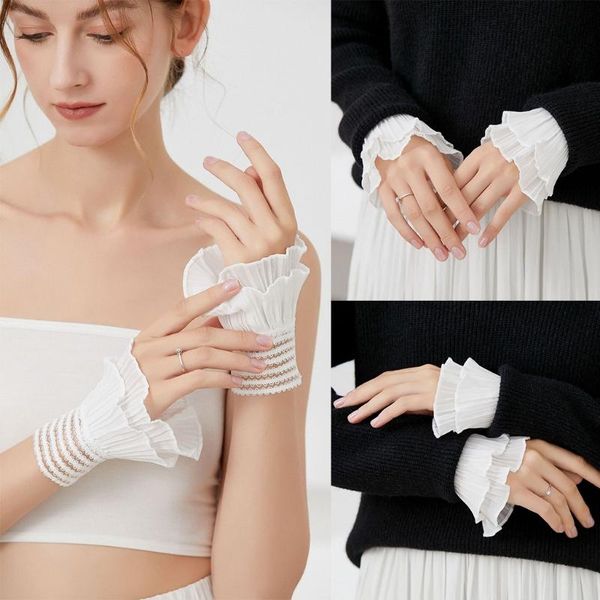 

sports gloves m7dd wrist cuffs for women's fashion pleated horn cuff detachable shirt fake sleeve sunscreen decorated accessories, Black