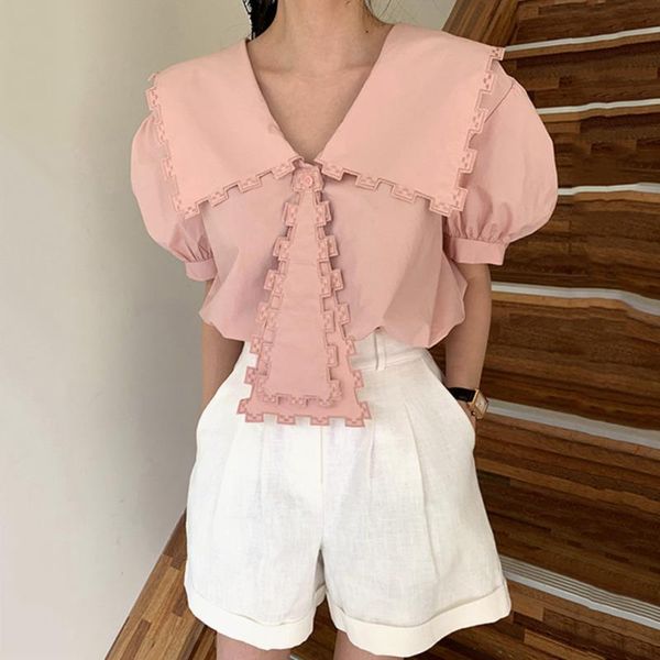 

women's blouses & shirts [ewq] 2021 summer japan style loose casual women blouse and big turn-down collar simple chic puff sleeve laid, White