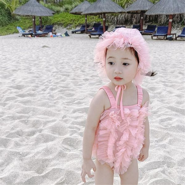 

one-pieces fashion born baby girl swimwear hats 2pcs cute pink mesh swimsuit swimming suit children kids one-piece bikinis beachwear, Black