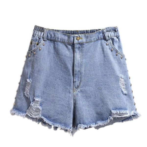 

women's shorts hodisytian women denim summer short jeans beading decoration elastic waist ripped wide leg casual bottoms plus size, White;black