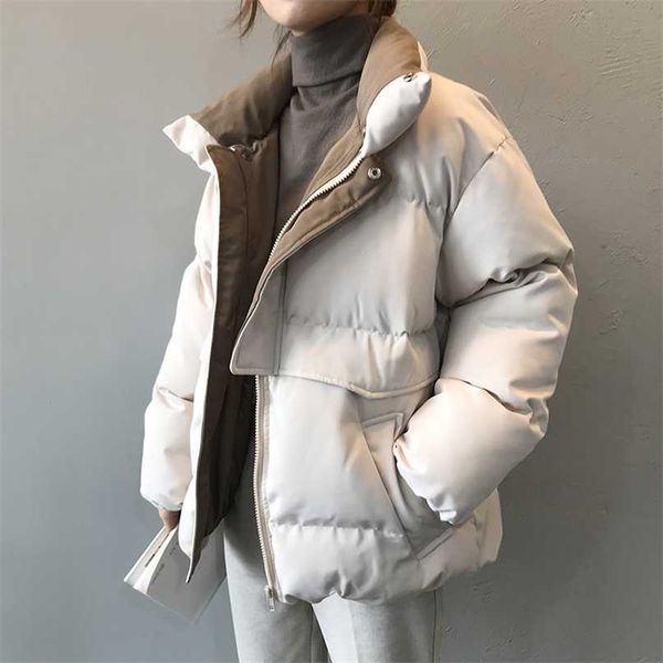 

winter style solid cotton-padded jacket women oversize bread stand-up collar thick warm causal chic coat parka 211216, Black