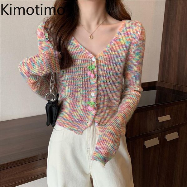 

women's knits & tees kimotimo colors knitted cardigan women summer thin v-neck long sleeve slim sweater 2021 korean single breasted des, White