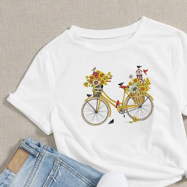 

women womens t shirts street aesthetic shirt sunflower bicycle bike cusual flower clothes harajuku tee romantic, White