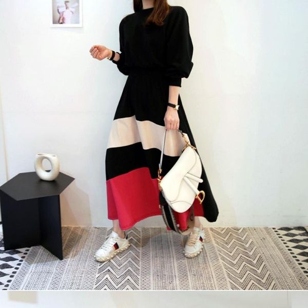 

casual dresses women's long dress o-neck elegant high-waisted hit color patchwork vestidos autumn 2021 lady full sleeve, Black;gray