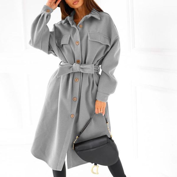 

women's wool & blends fashion button long sleeve jacket outwear office ladies autumn winter solid coat 2021 women elegant bandage belte, Black