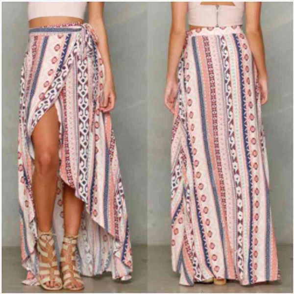 

women skirt high waist boho print long split maxi floral print beach female chic vintage summer high waist chiffon bottom, Black