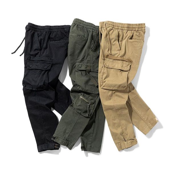 

men's pants 2021 spring cotton cargo clothing autumn casual fashion elastic waist quality pantalones tipo men, Black