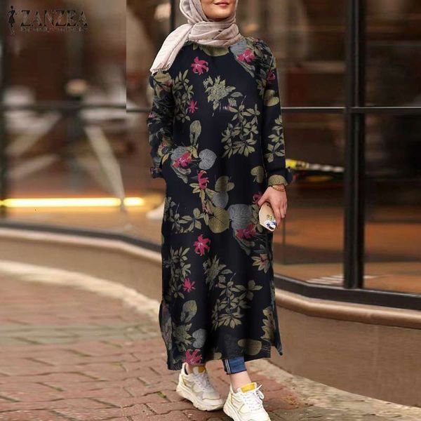 

dresses vintage printed dress women's muslim sundress long sleeve split maxi vestidos female floral turkish robe plus size, Black;gray