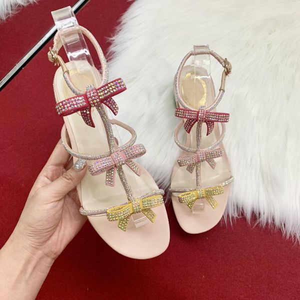 

sandals bow-knot women crystal decor shoes chunky heels party dress slippers 2021 genuine leather summer sandalias, Black