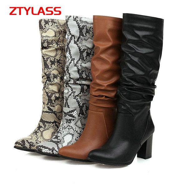 

boots autumn winter knee high women fashion zipper pleated pointed toe long snake print thick heel shoes woman, Black