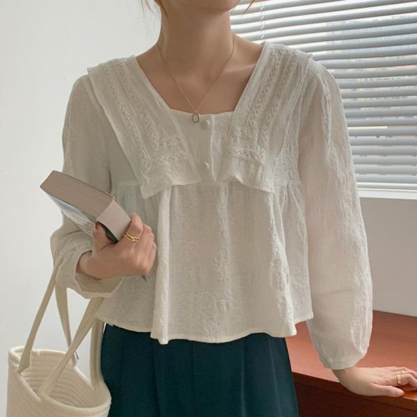 

women's blouses & shirts student's square collar lace long sleeve shirt female design sense of minority spring and autumn 2021 loo, White