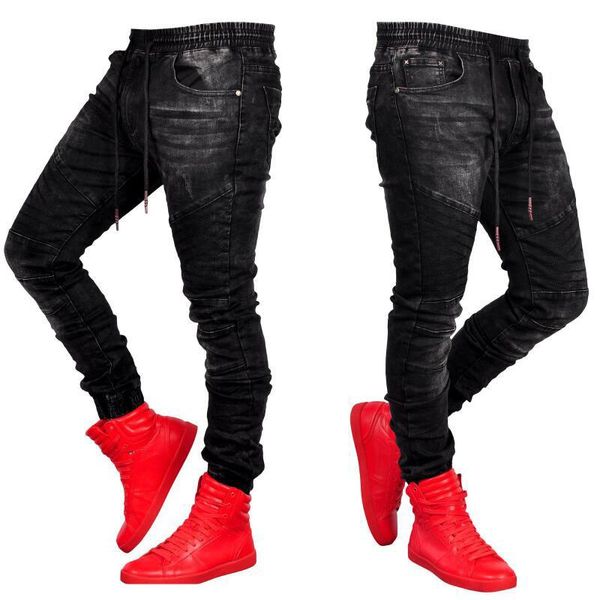 

men's jeans fashion slim fit elastic waist jogger casual loose hip hop pants, Blue