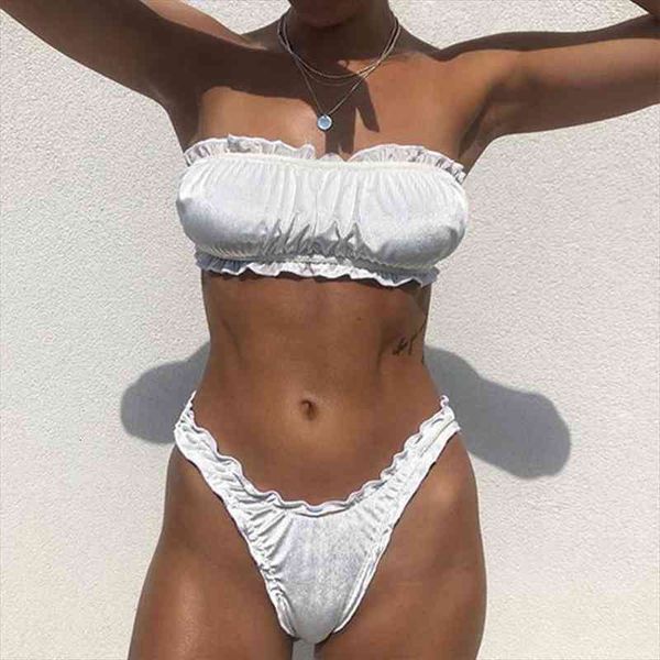 

bandeau velvet bikini set summer ruffle bathing suit beachwear swimwear women biqiuni push up swimsuit beachwear, White;black