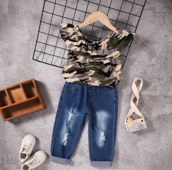 

clothing sets 2021 0-6y fashion kids baby girl camouflage print ruffle off shouler blouse holes denim long pants summer 2pcs set, White
