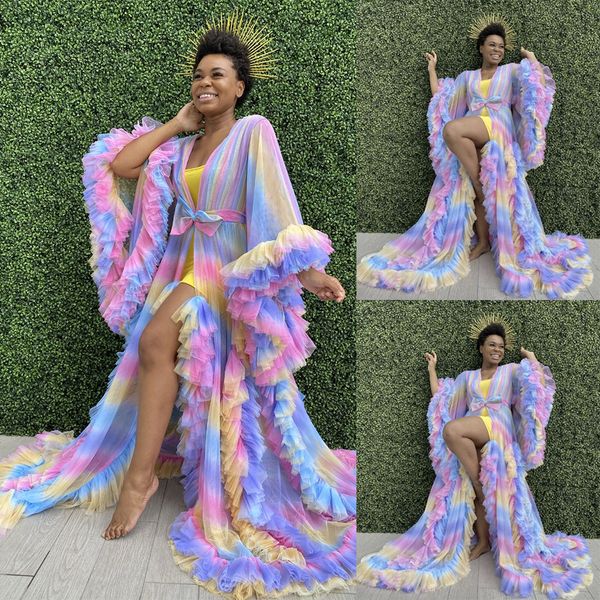 

colorful rainbow tulle sleepwear maternity dresses sleeveless puffy long see through custom made robes for pgraphy, White