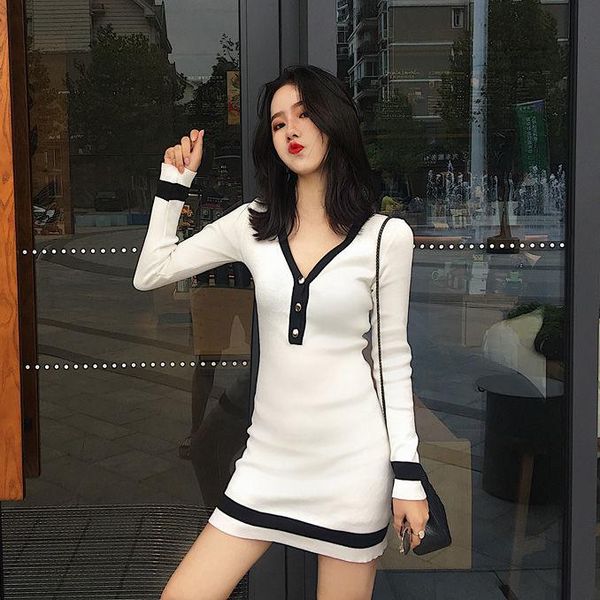 

casual dresses ladies spring autumn white v-neck button long-sleeved dress women's pullover slim sweater bag hip skirt knitted bottomin, Black;gray