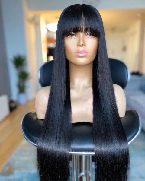 

synthetic wigs soft glueless long natural bang black color silky straight lace front closure with baby hair daily wear wig