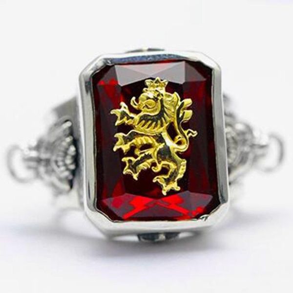 

cluster rings trendy atmosphere red zircon inlaid lion king metal ring for men rock biker jewelry, Golden;silver