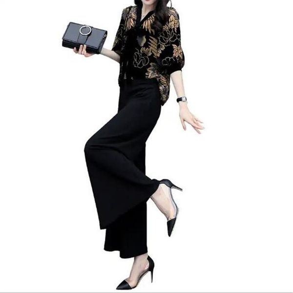 

two piece dress 2021 autumn summer fashion ladies suit casual high waist wide leg pants v-neck short sleeve printed women two-piece a53, White