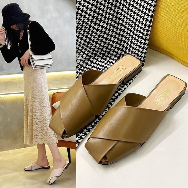 

designer slippers women shoes square toe womens quality pu leather ladies summer slides flats open, Black