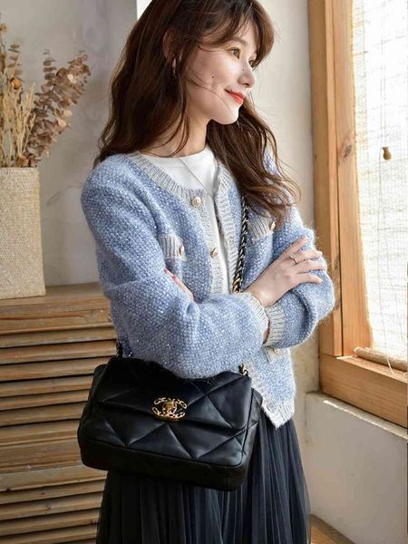 

dsigners maje round neck korean version foreign style loose single breasted temperament short coat small fragrance sequin knitted cardigan, Black;brown