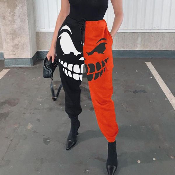 

women's pants & capris harajuku for women devil smile printing trousers 2021 patchwork streetwear woman harem autumn ladies causal, Black;white