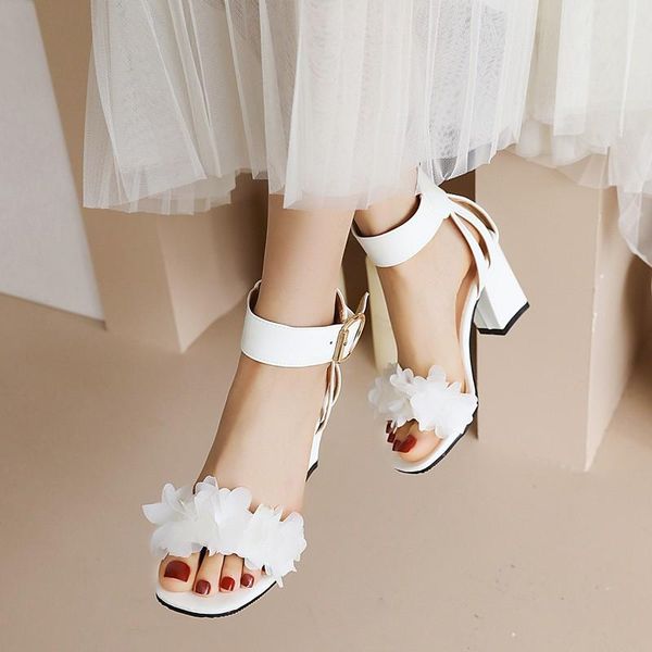 

dress shoes summer flowers sandals women 2021 open toe pu leather high heels ankle-wrap hollow wedding white, Black