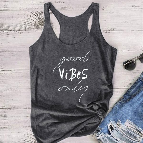 

good vibes only printing women tank sleeveless summer vest harajuku for ladies cotton plus size, White