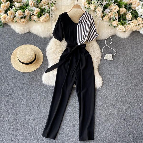 

spring vertical pattern stitching one-piece v-neck short-sleeved lace-up slimming temperament wide-leg pants c591 women's jumpsuits & r, Black;white