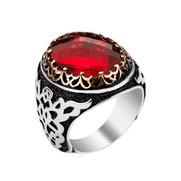 

cluster rings vintage real pure 925 sterling silver ring for man red and black zircon stone patterned embroidered handmade turkish jewelry, Golden;silver