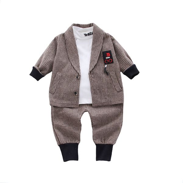

0-4y children clothing set baby boy formal suit 3pcs long sleeve t-shirt+plaid jacket+pants for birthday party pgraphy, Blue;gray